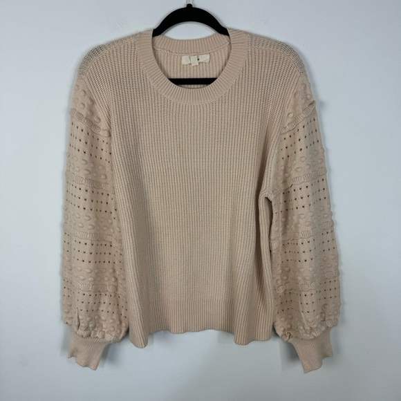 Entro Blush Cream Textured Puff Balloon Sleeve Crewneck Sweater Neutral Boho - Picture 1 of 4